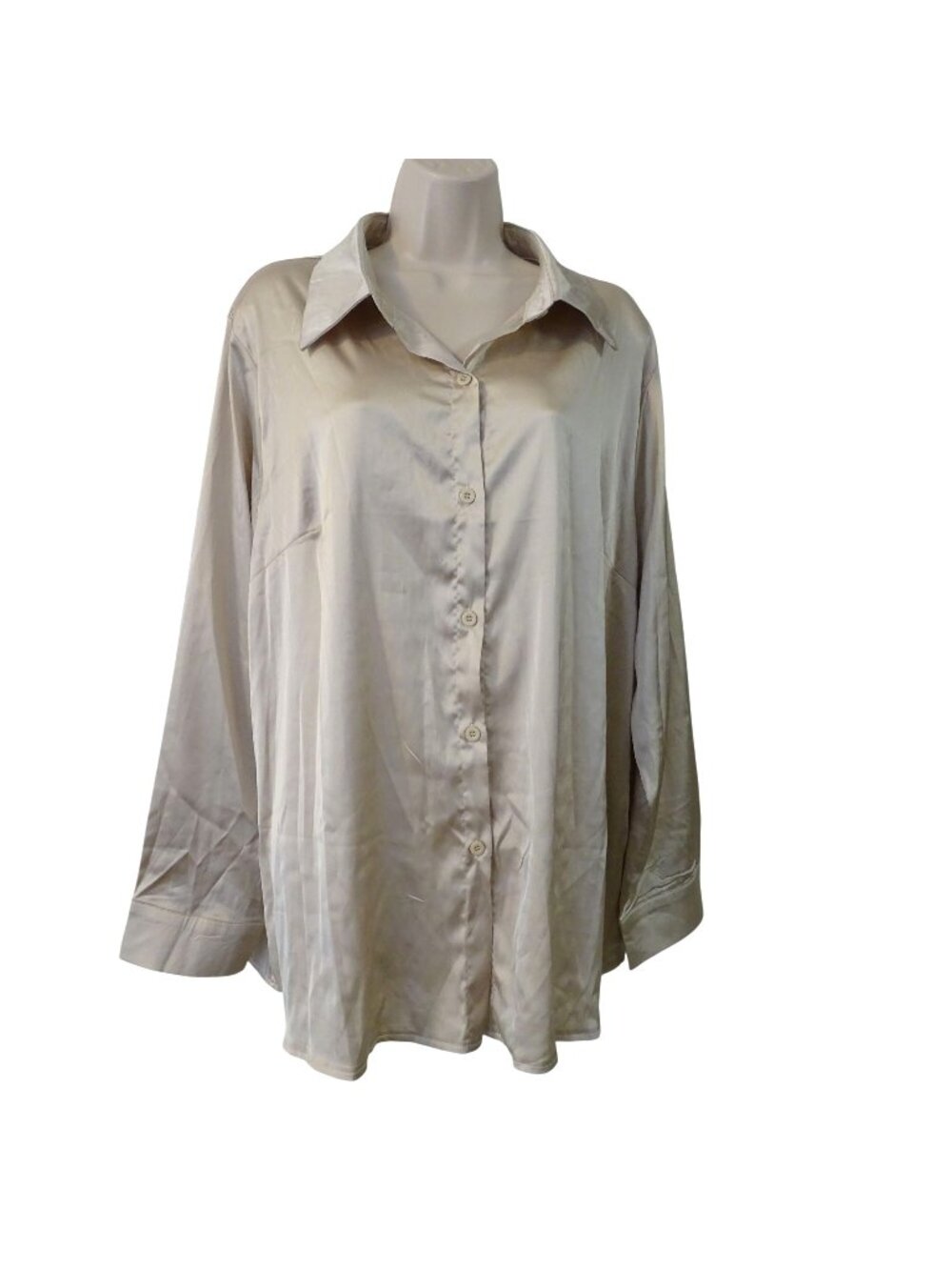 Shein Women Tan Satin Button Up Long Sleeve Blouse Shirt Size 2XL Minimalist